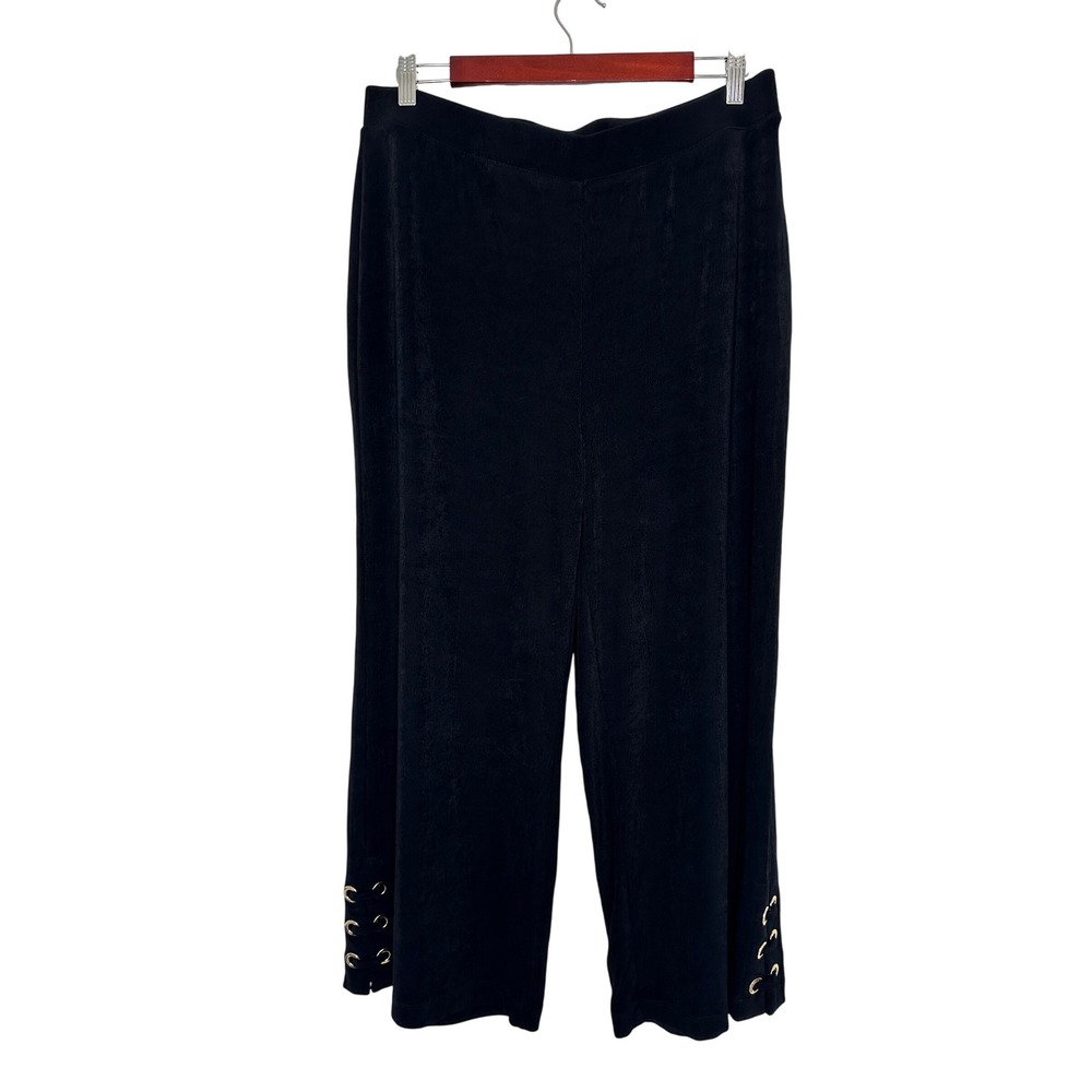 Chicos Travelers Pants Size 2 L Black Wide Leg Grommet Lace Up Hem Pull On Chic